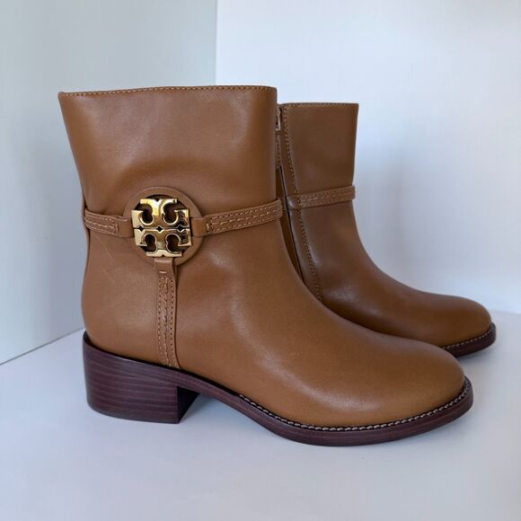 NIB Tory Burch Miller Ankle Booties with Gold Logo Emblem in Dark Tiramisu Brown - Picture 2 of 14